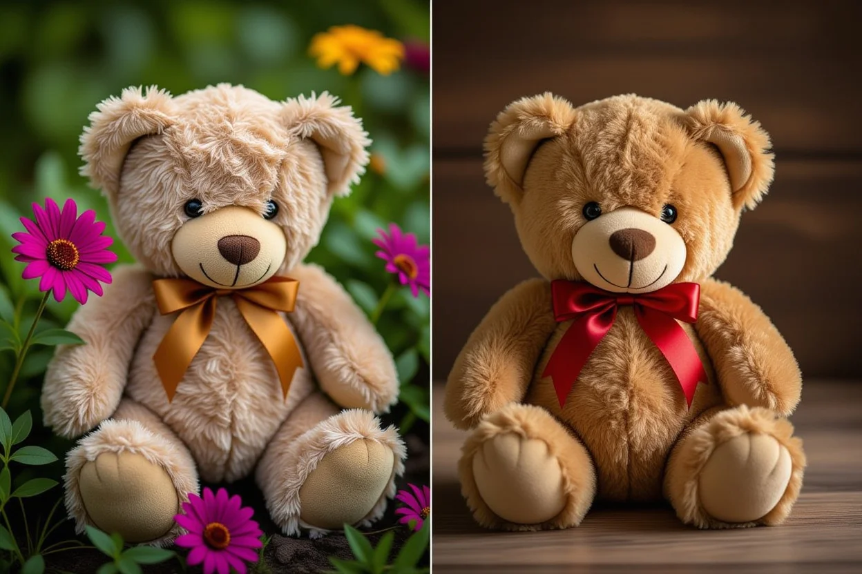 Comparison of wilted flowers versus lasting teddy bear gift showing gift longevity