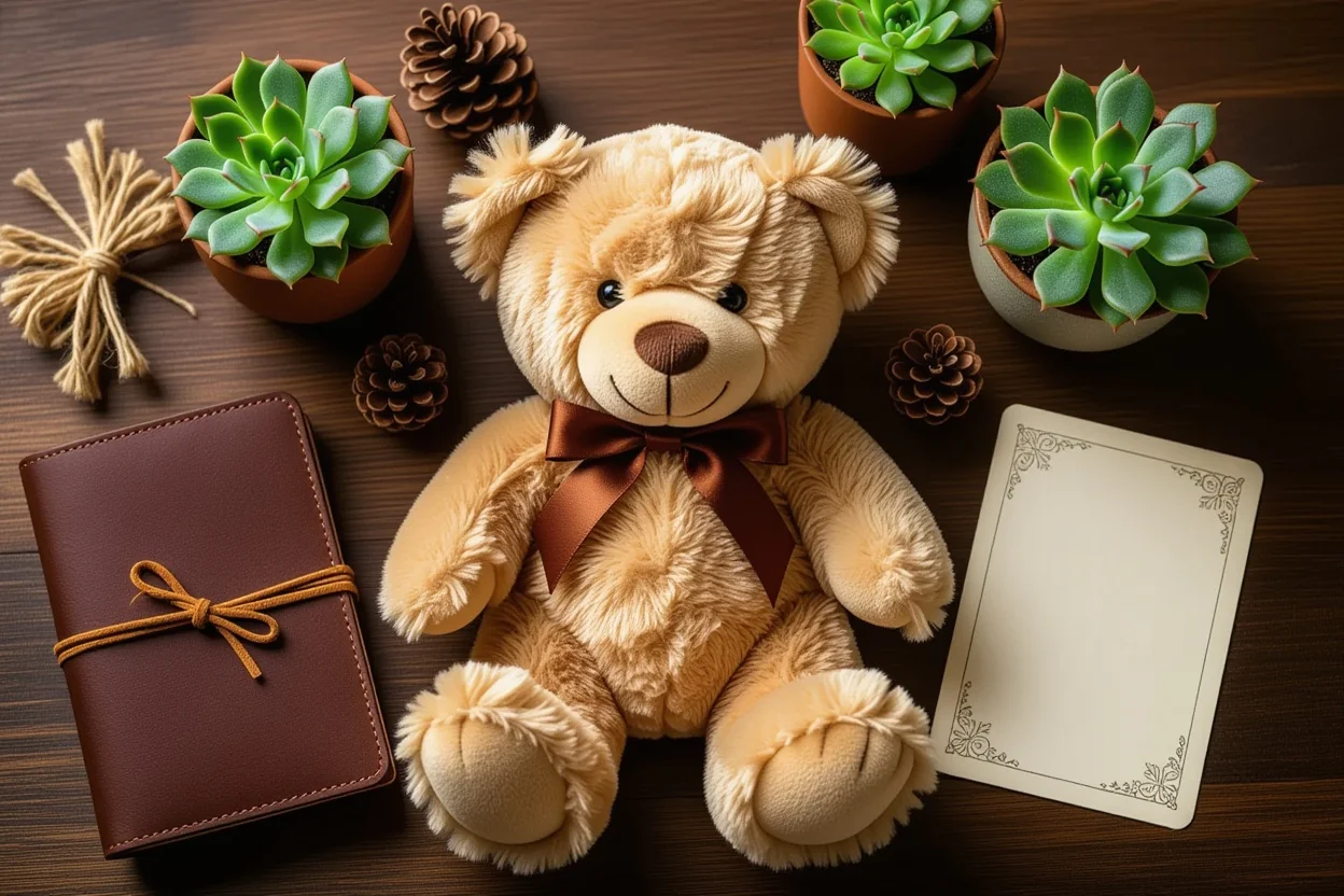 Flat lay of meaningful lasting gifts featuring teddy bear and thoughtful presents