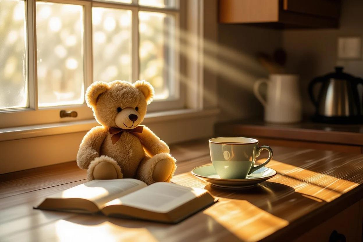 Metallic teddy bear romantic gift on kitchen table with morning sunlight and coffee cup