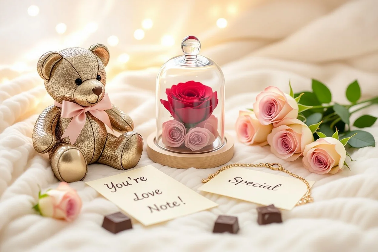 Collection of everyday romantic gifts including metallic bear and preserved flowers for her