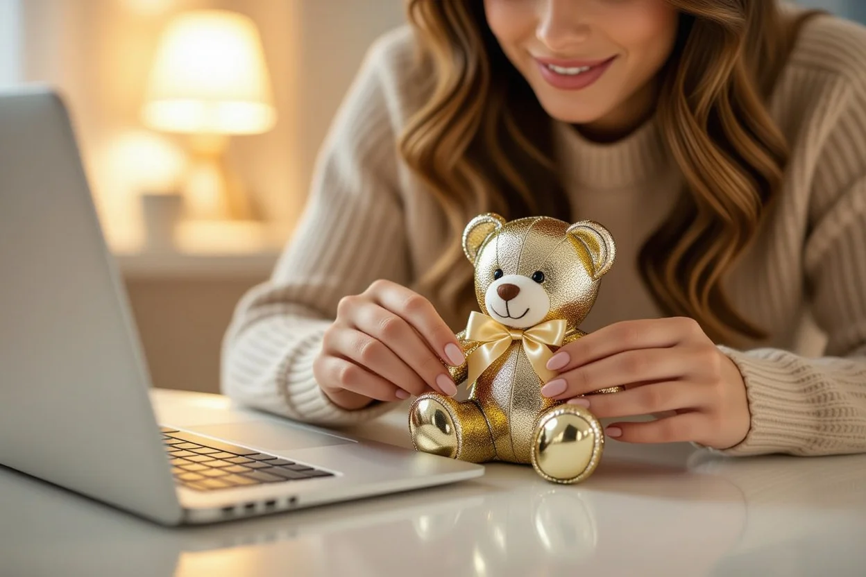 Woman discovering surprise metallic teddy bear gift in everyday moment romantic gesture