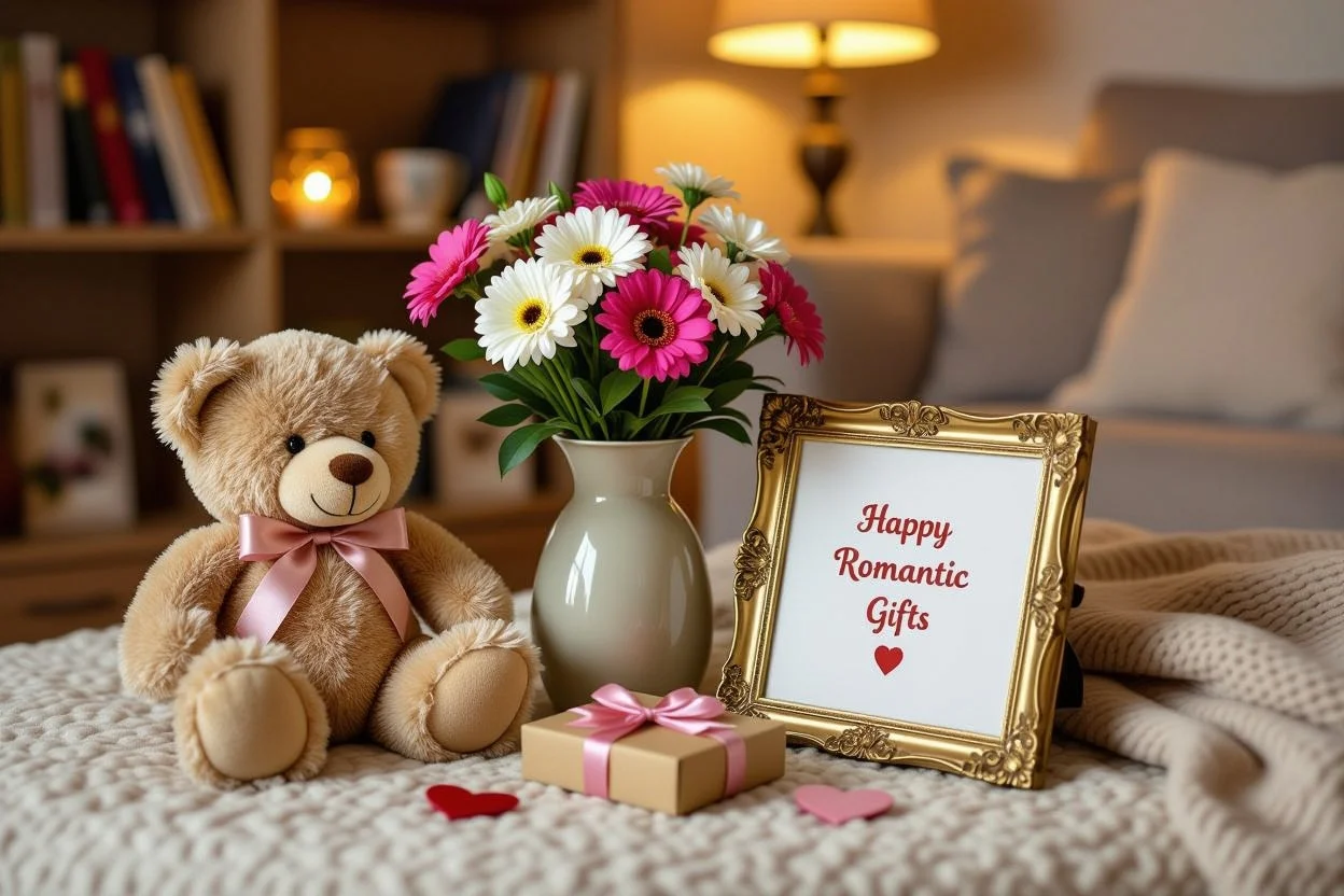 Cozy home interior decorated with everyday romantic gifts and metallic teddy bear