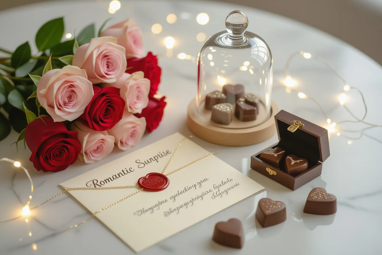 Romantic surprise gifts flat lay with preserved flowers jewelry and love notes for her