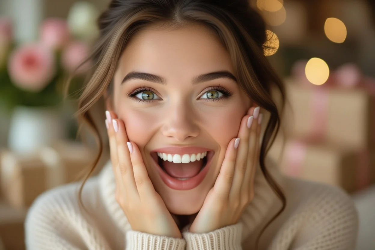 Woman gasping with surprise and joy receiving romantic unexpected gift moment