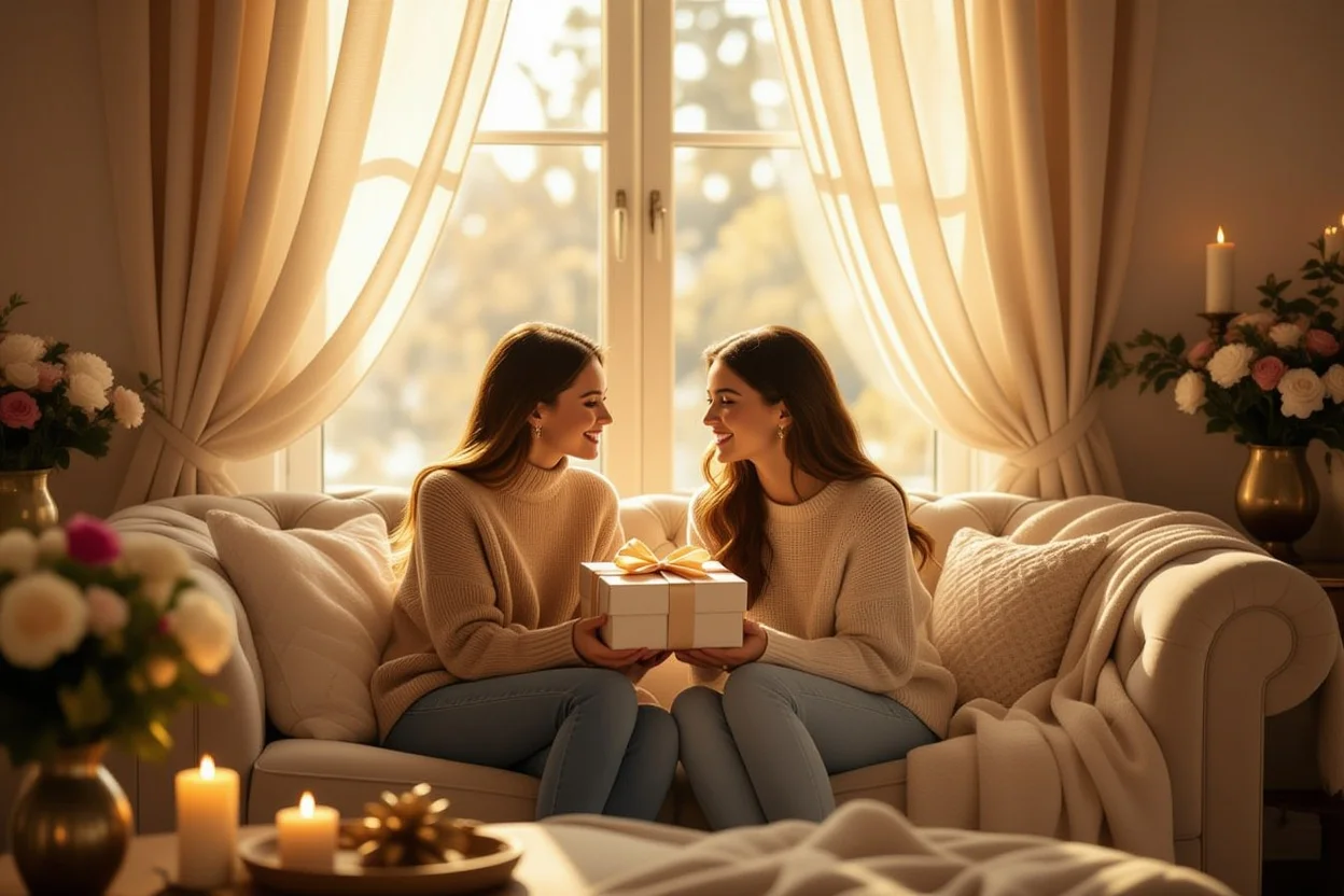Two women friends sharing romantic gift surprise moment in cozy sunlit living room