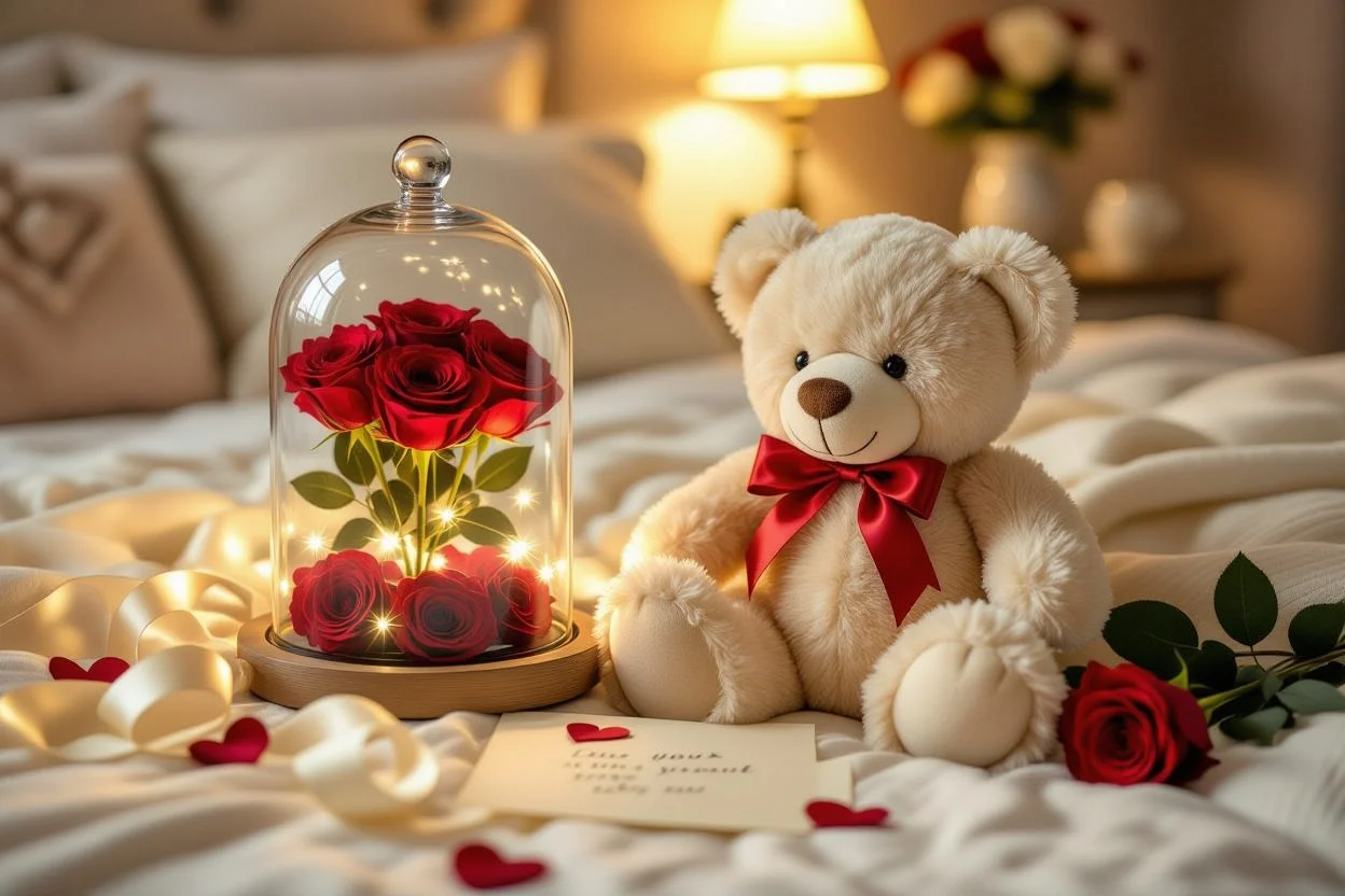 Romantic teddy bear gift with preserved roses and love notes for Valentine's Day
