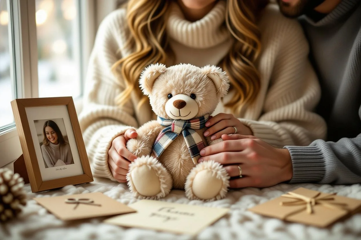 Couple sharing intimate moment with personalized memory bear romantic gift