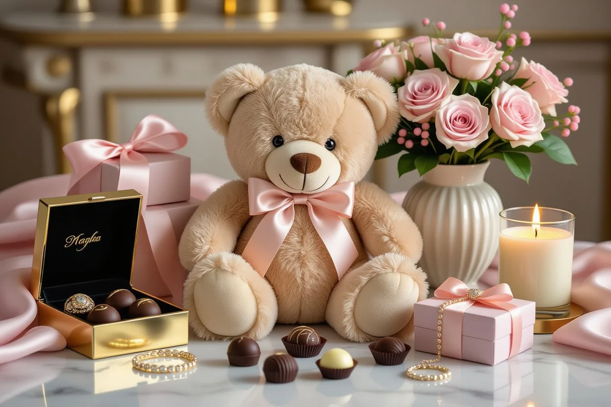Luxury romantic gift set with teddy bear centerpiece for anniversary gifts