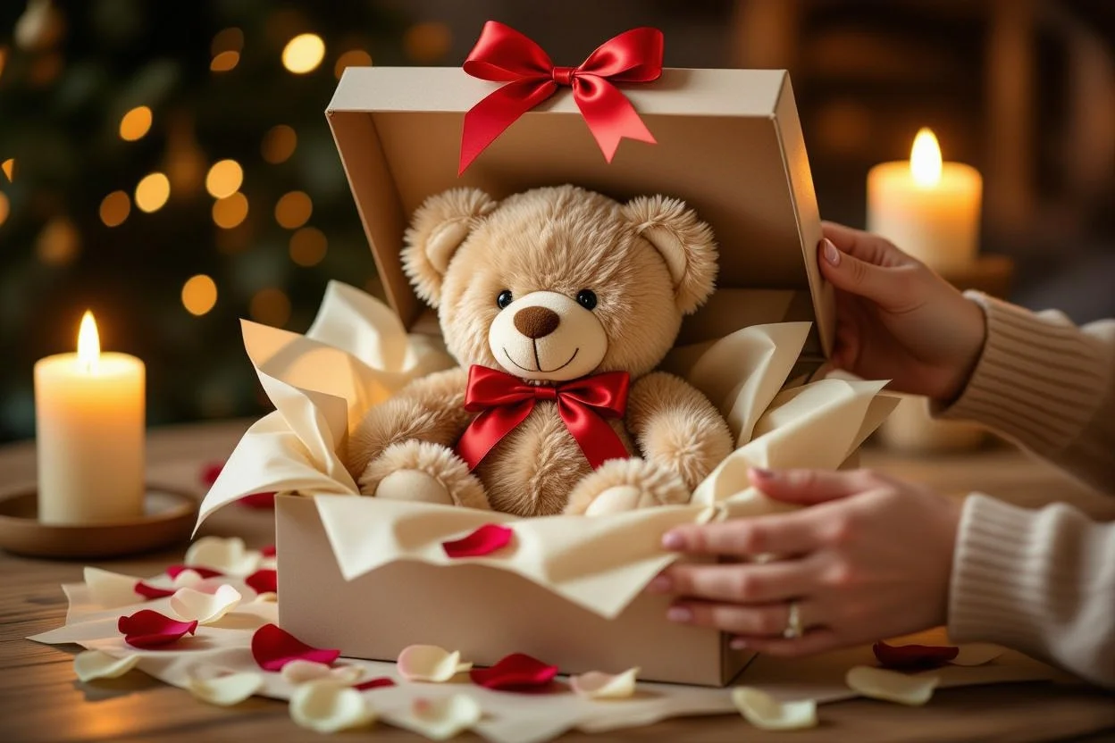 Surprise romantic gift box opening revealing thoughtful teddy bear present