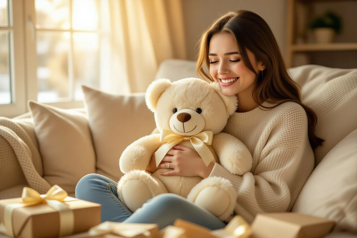 Woman crying happy tears while holding a special teddy bear gift