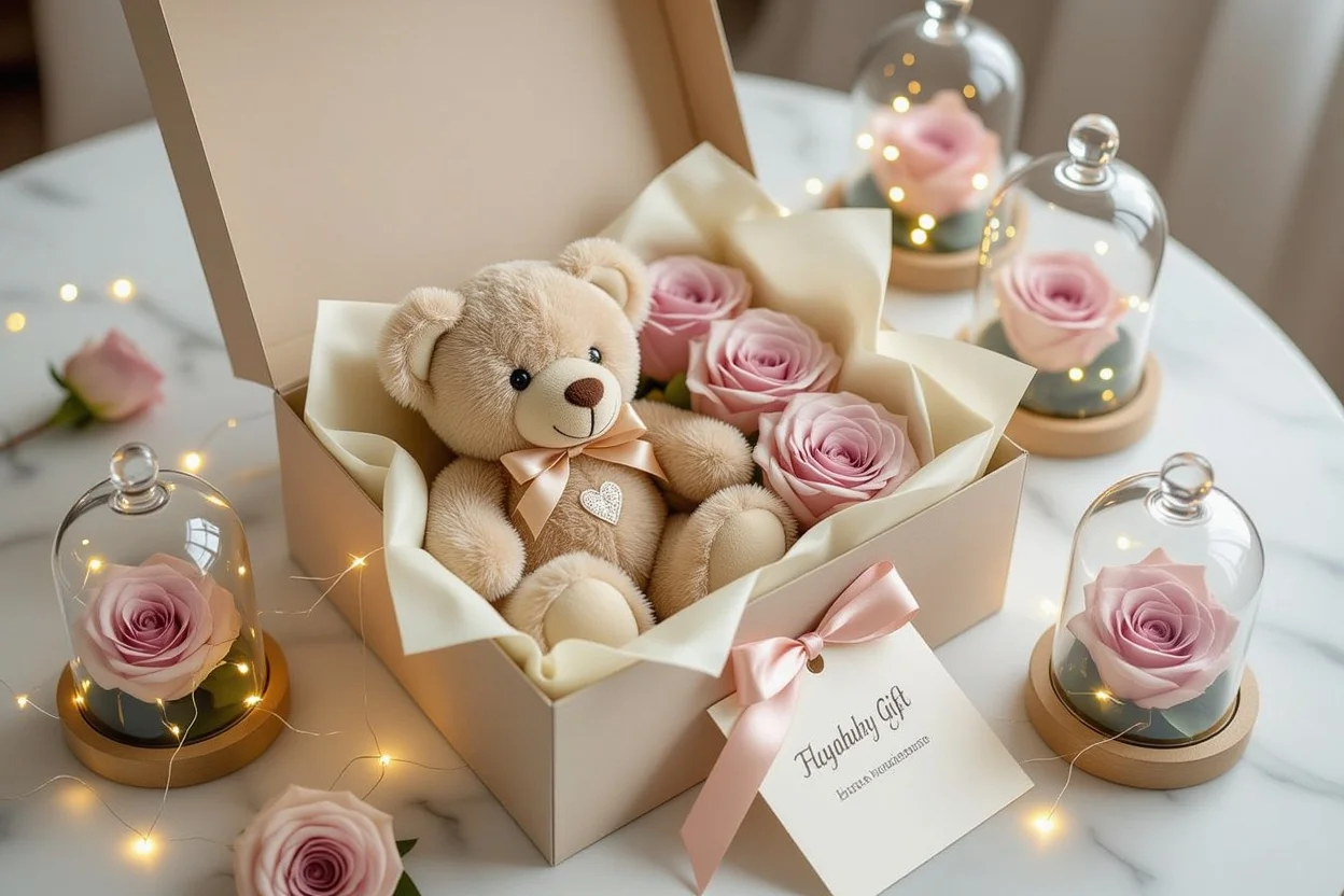 Romantic teddy bear gift set with preserved flowers and elegant presentation
