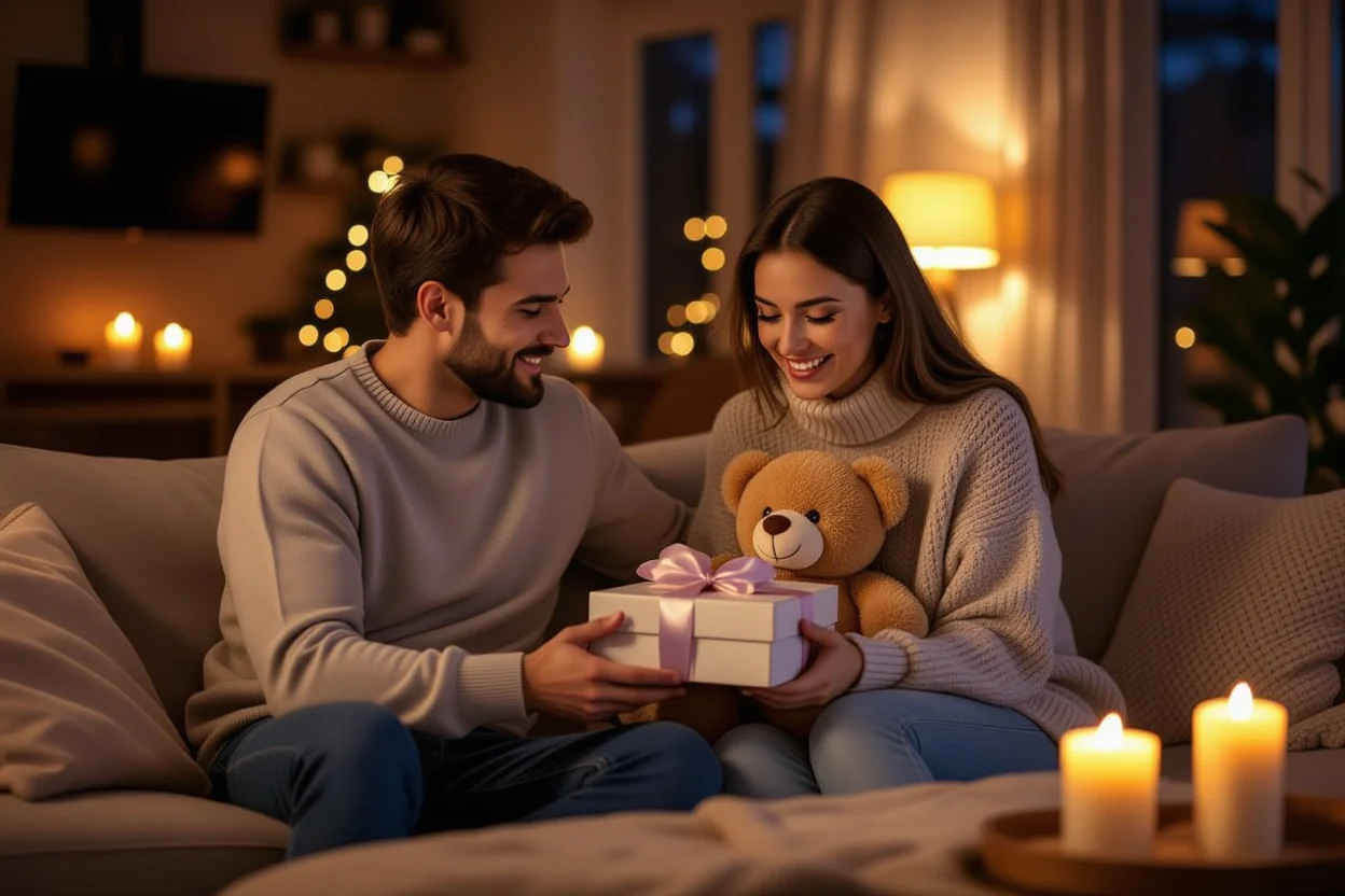 Couple sharing an intimate gift-giving moment with a meaningful teddy bear surprise