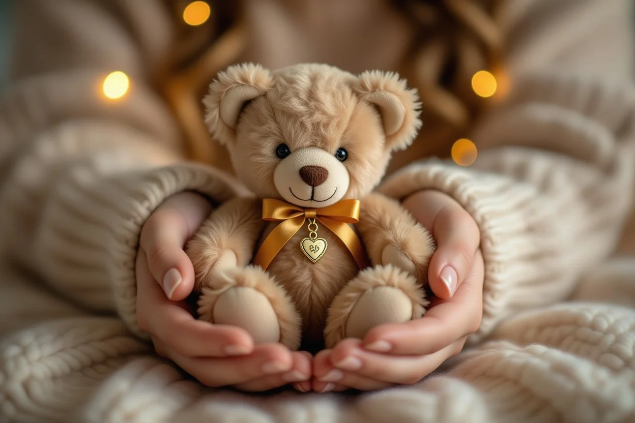Close-up of hands holding a high-quality artisan teddy bear with sentimental details