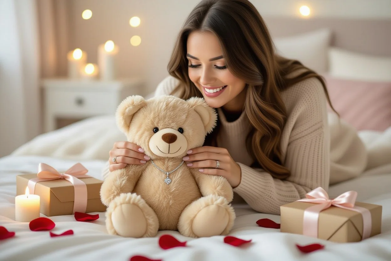 Woman discovering hidden necklace surprise in romantic teddy bear gift
