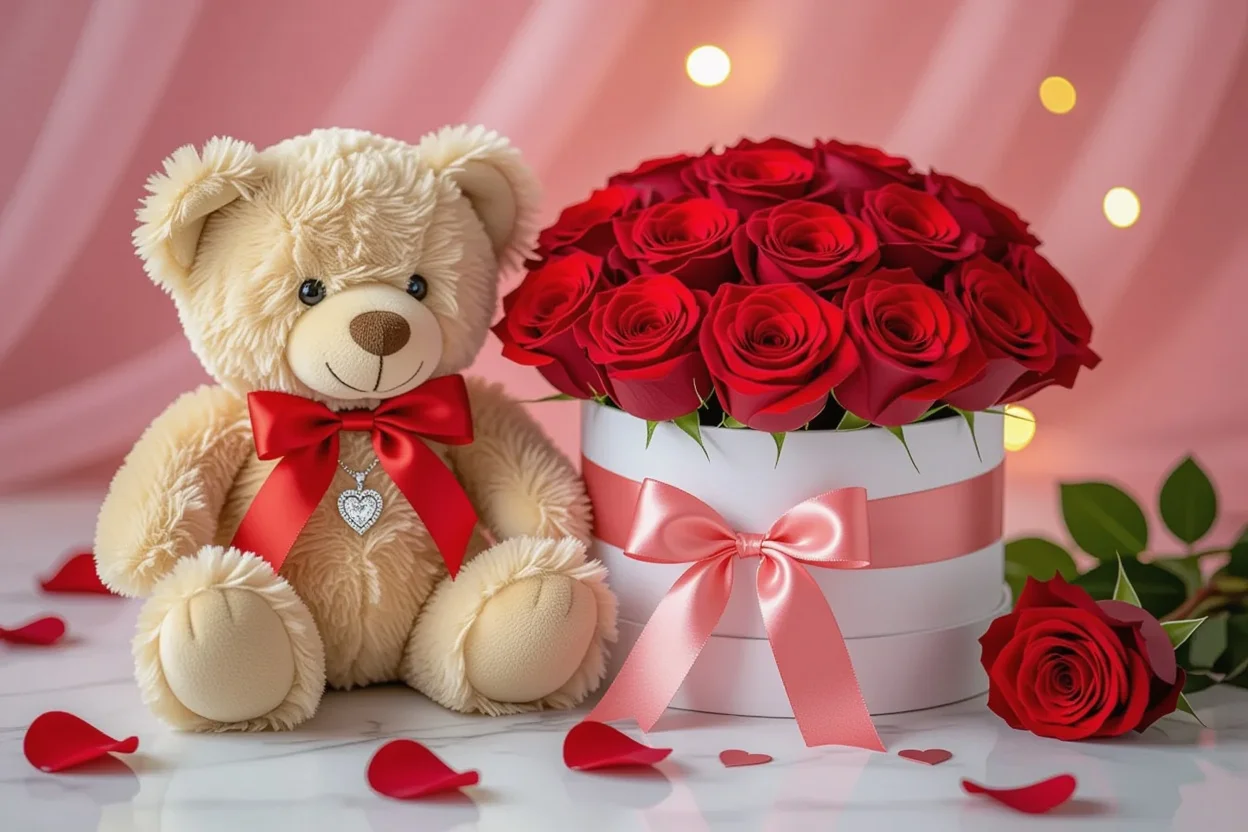 Valentine's Day romantic gift arrangement with teddy bear and preserved roses
