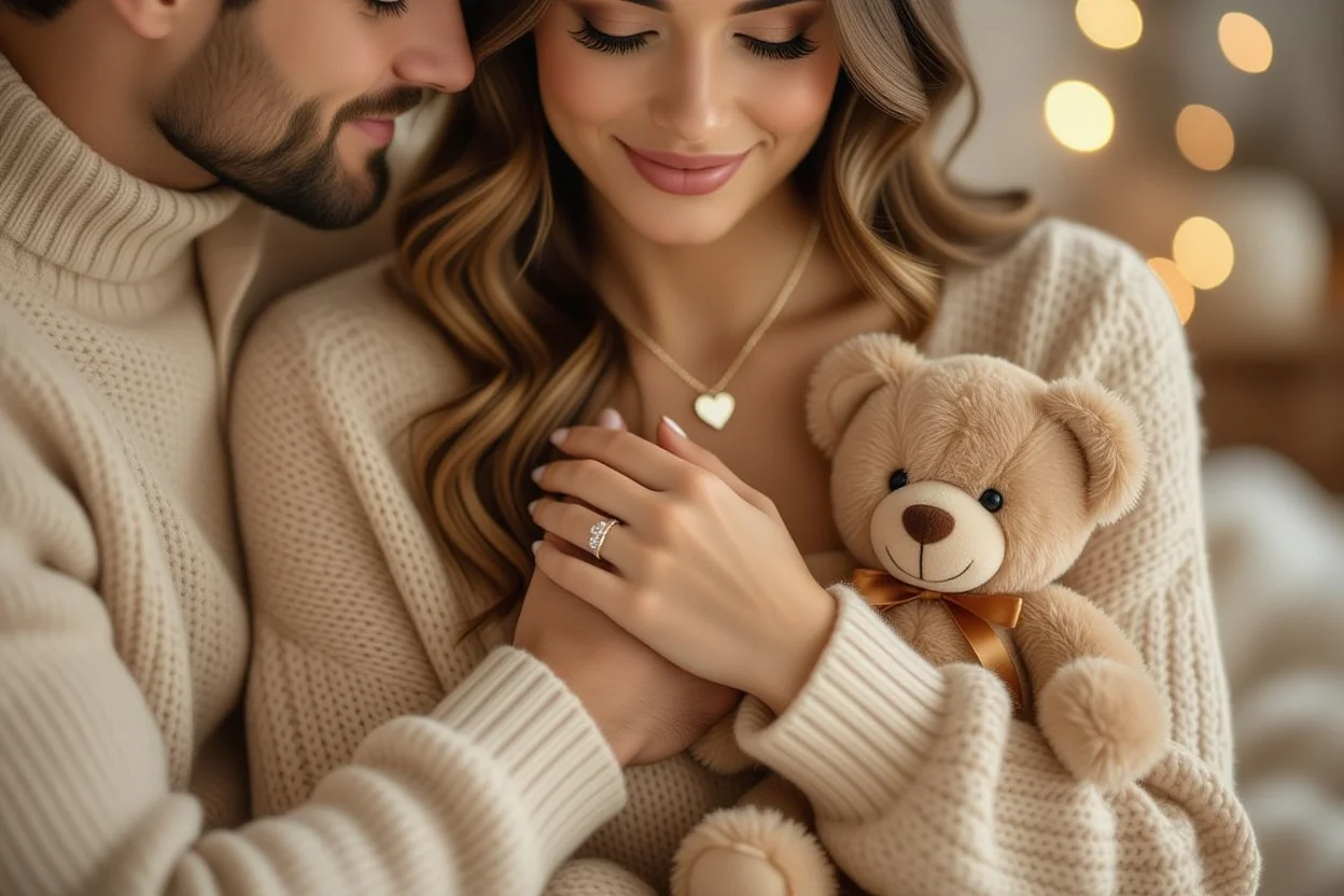 Romantic couple sharing intimate moment with heart necklace gift from teddy bear