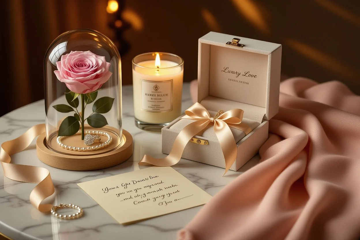 Elegant romantic gifts for her including preserved roses, jewelry, and love letters arranged on marble surface