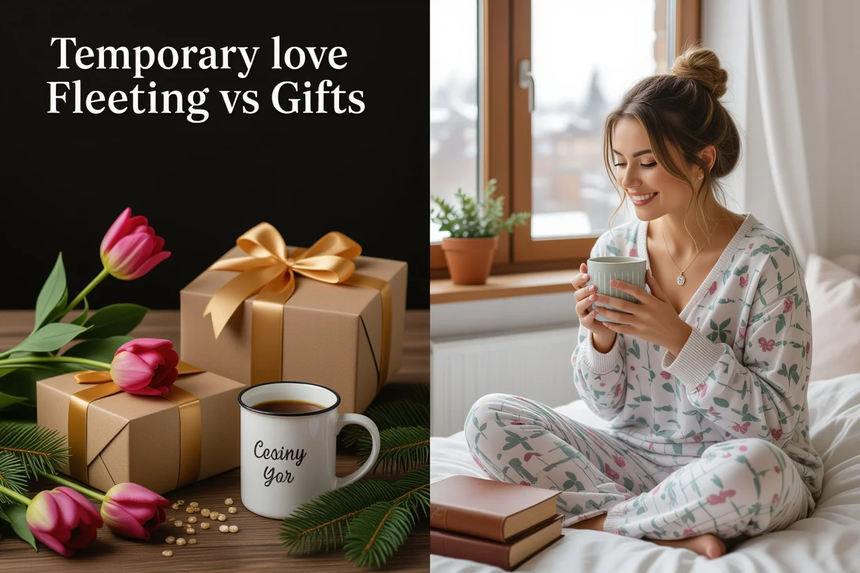 Comparison of temporary versus lasting romantic gifts showing daily joy and enduring value