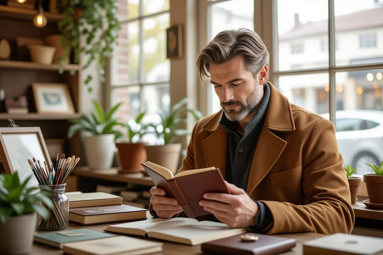 Thoughtful man carefully selecting meaningful romantic gifts in boutique shop with natural lighting