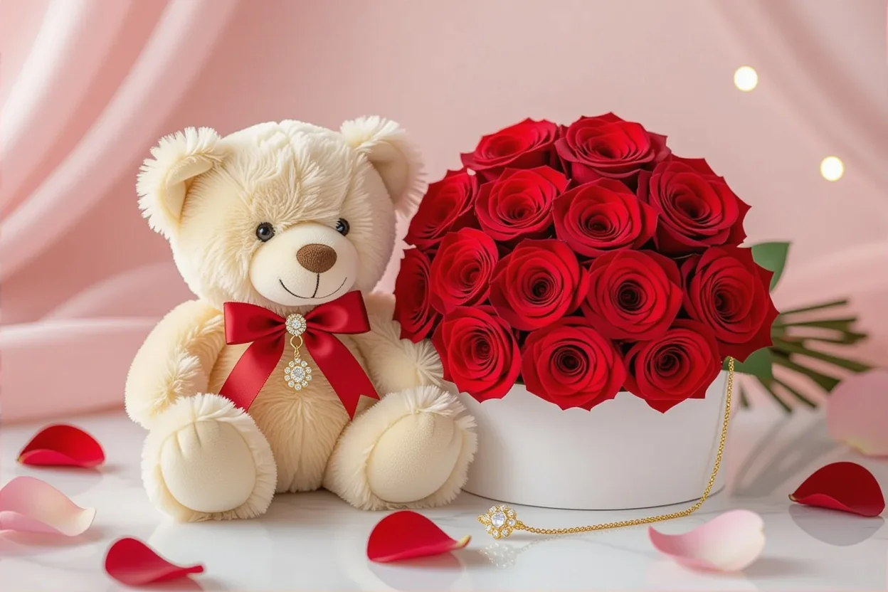 Romantic teddy bear gift with preserved flowers and hidden necklace for her