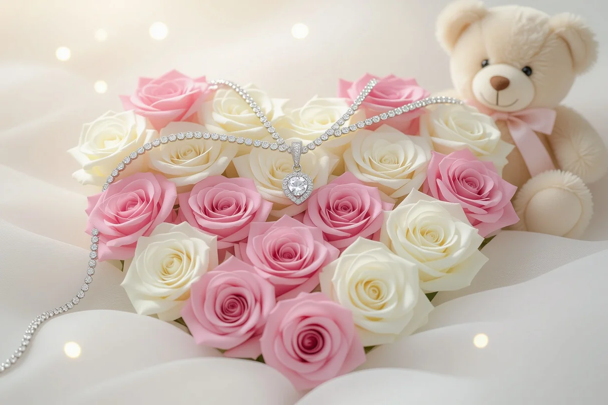 Preserved flowers with hidden diamond necklace romantic gift close-up