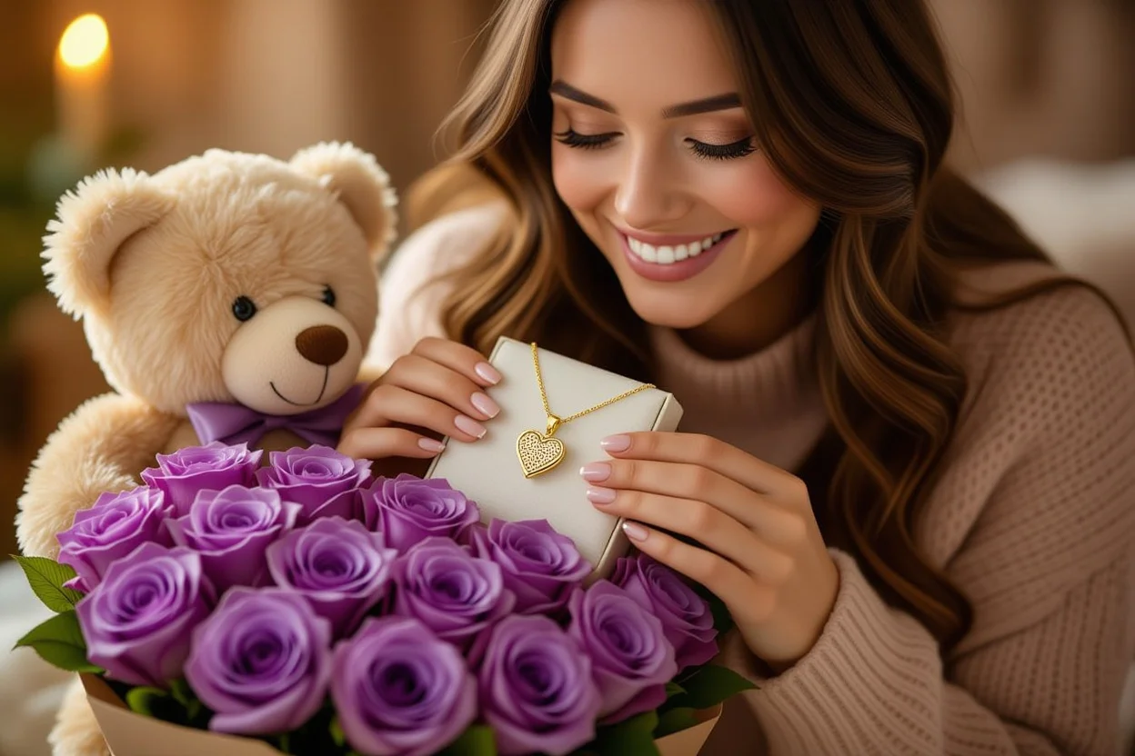 Woman discovering hidden necklace surprise in preserved flower teddy bear gift