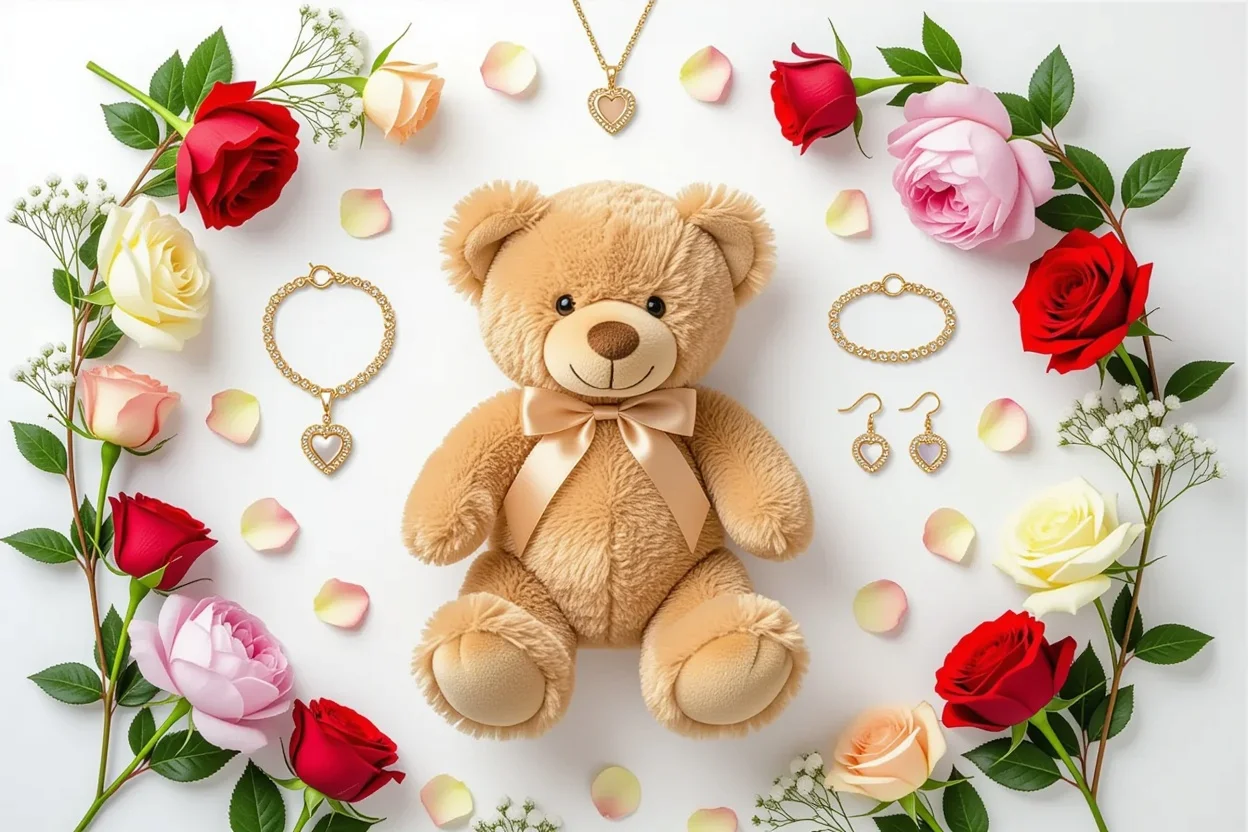 Complete romantic gift set with teddy bear preserved flowers and jewelry collection