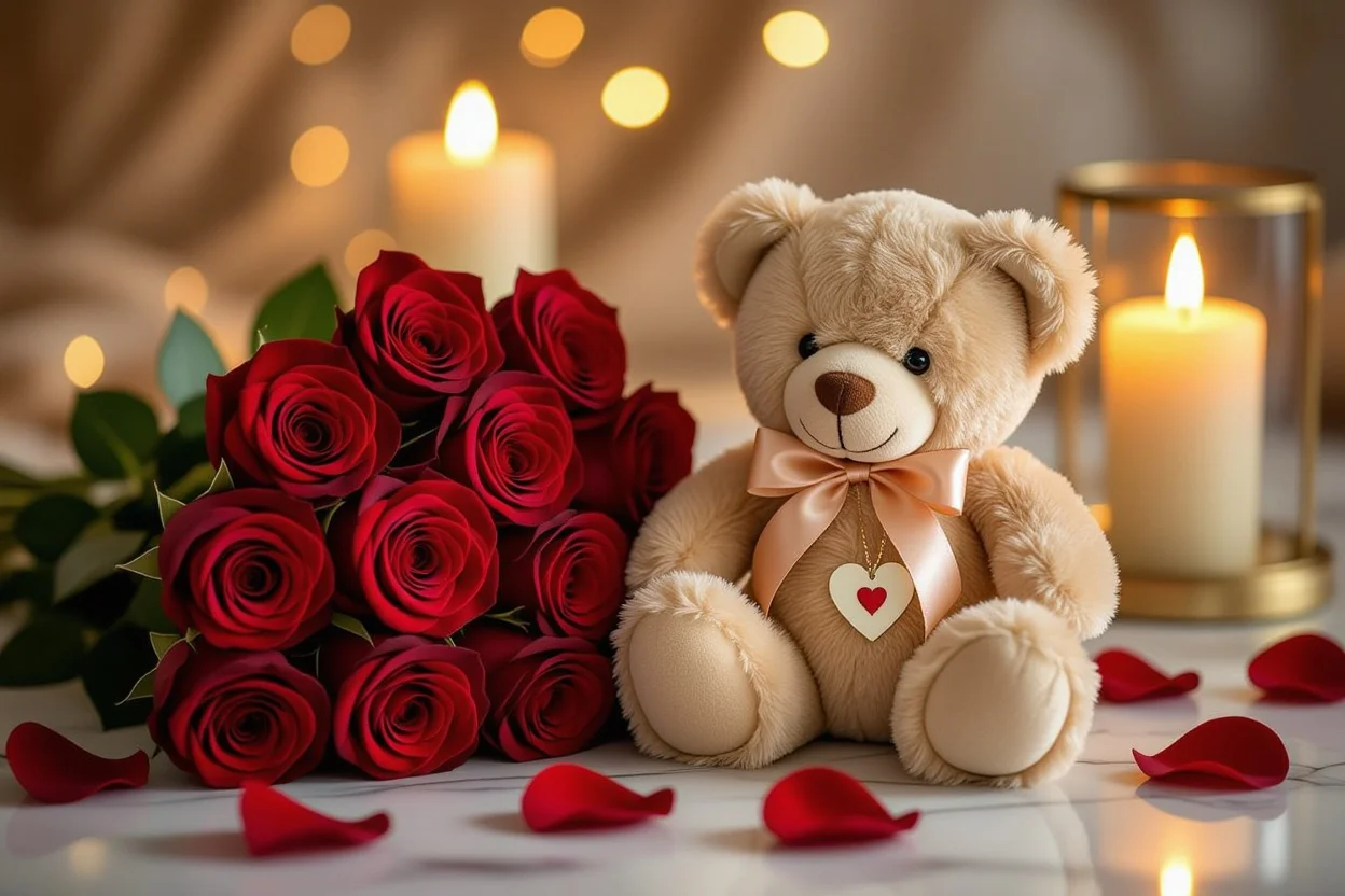Romantic teddy bear gift with preserved roses and candlelight for anniversary surprise