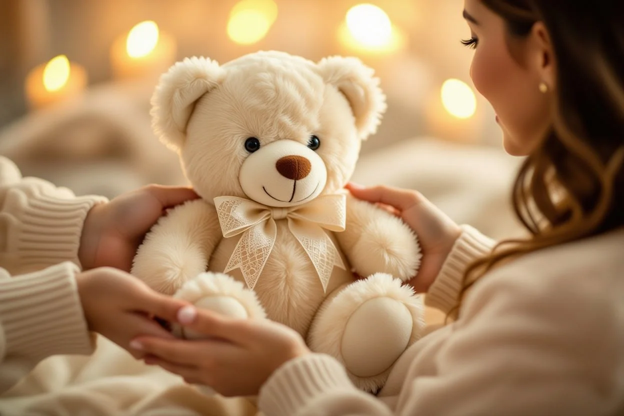 Emotional moment of receiving romantic teddy bear gift with tears of joy