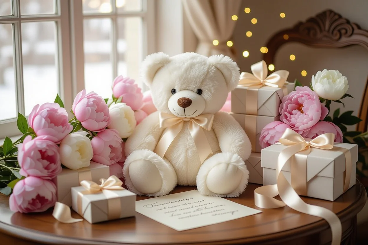 Elegant romantic gift setup with teddy bear, flowers, and love letters for Valentine's Day