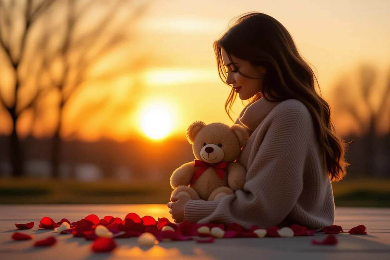 Romantic couple embracing with teddy bear gift during emotional reconciliation moment