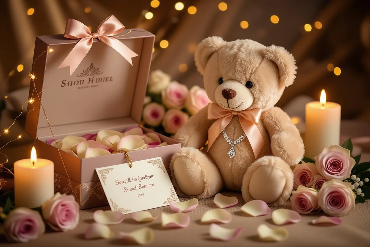 Romantic teddy bear gift box with hidden necklace surprise romantic present setup