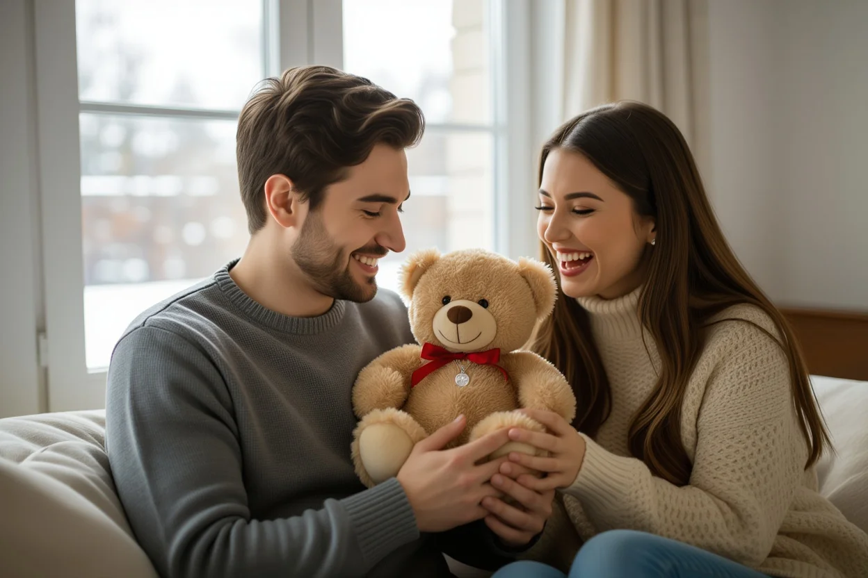 Couple sharing romantic moment with teddy bear hidden necklace surprise gift