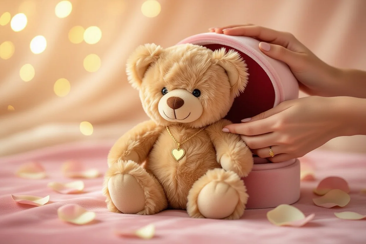 Teddy bear with hidden necklace compartment being revealed, romantic surprise gift for girlfriend