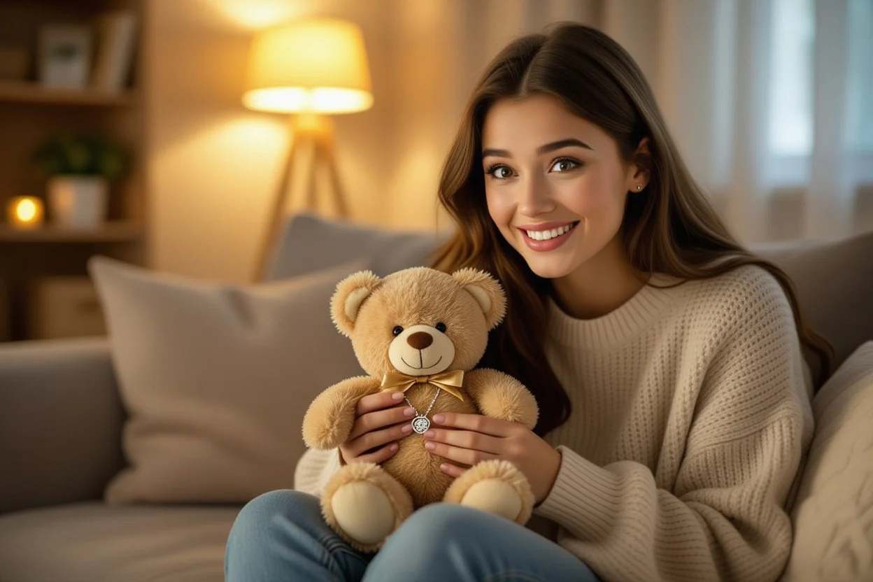 Happy woman discovering hidden necklace inside teddy bear gift, surprise romantic moment