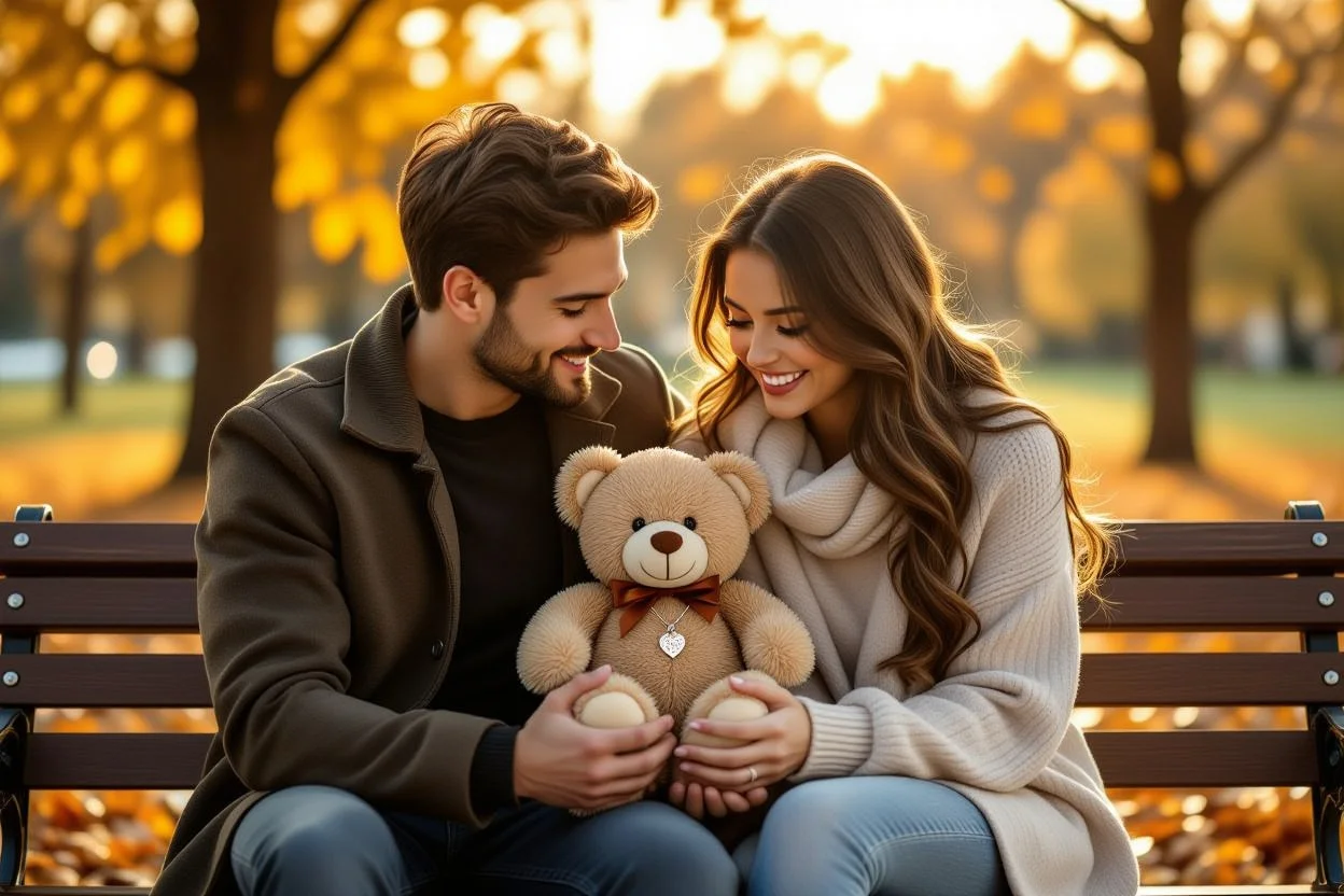 Couple sharing romantic moment with teddy bear necklace gift, spontaneous love gesture