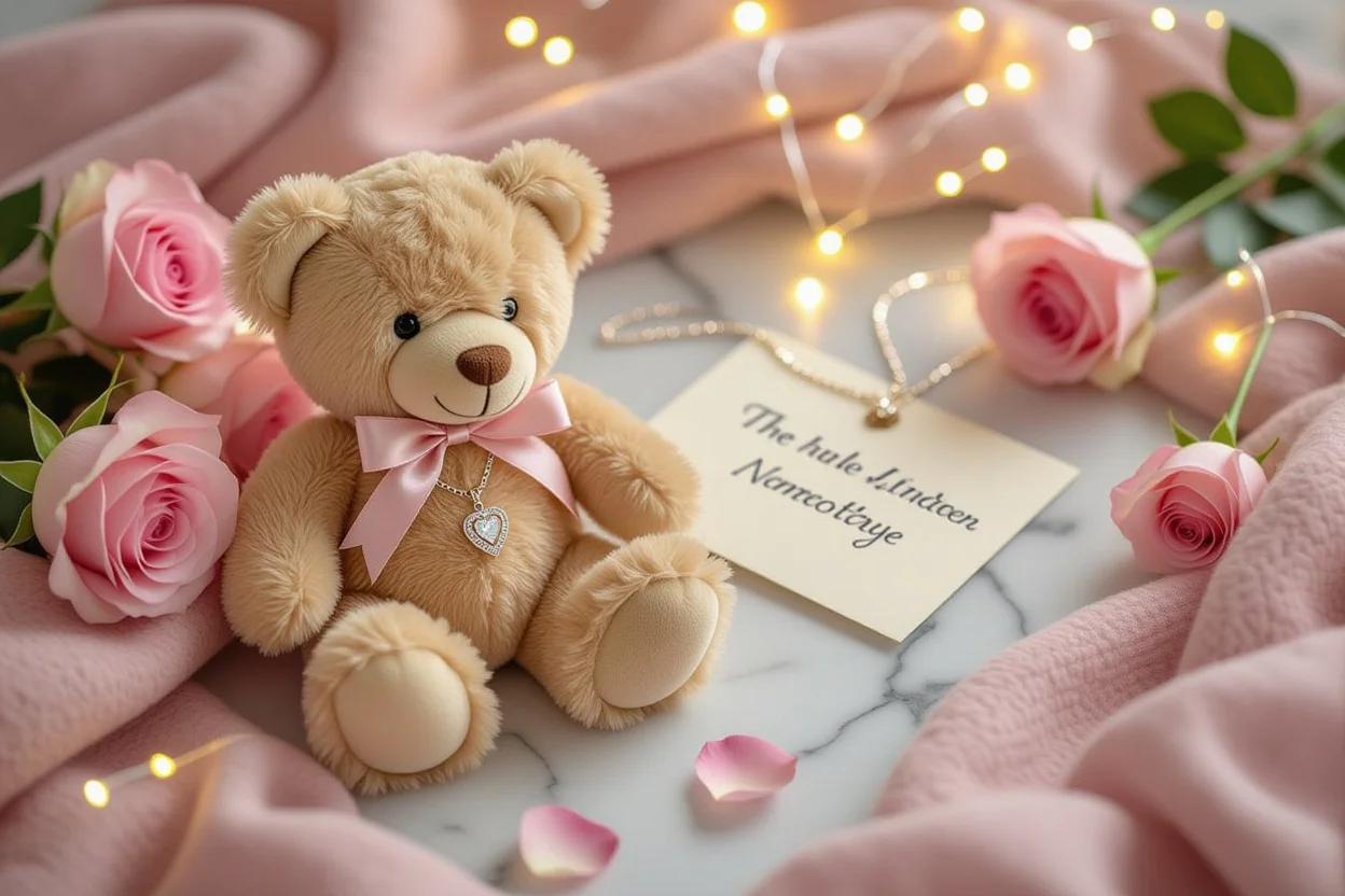 Elegant flat lay of teddy bear with hidden necklace gift set, romantic gift guide styling