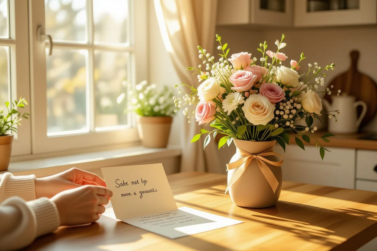 Surprise flowers and handwritten note on kitchen table in warm sunlight - everyday romantic gift ideas