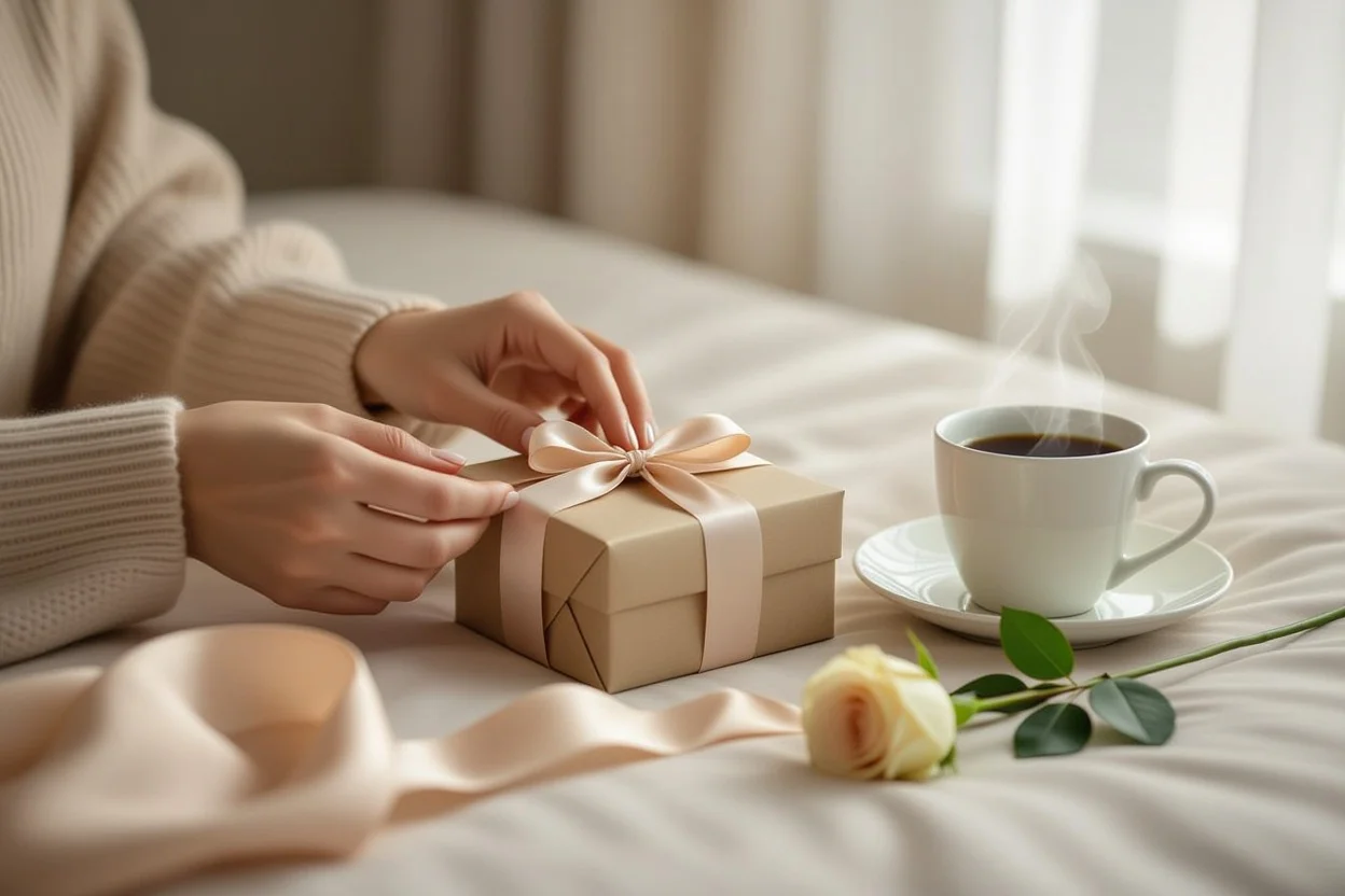Woman discovering surprise gift box on bedside table with coffee and rose - spontaneous romantic gestures