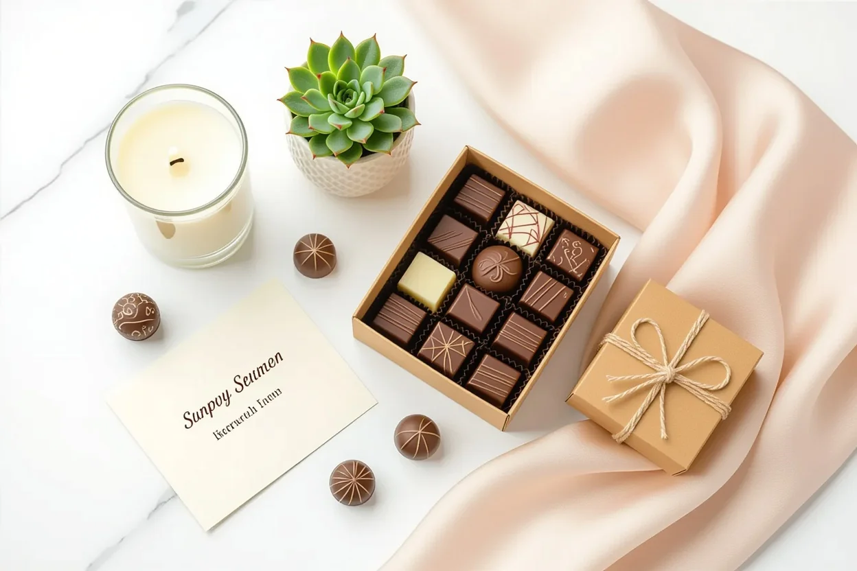 Collection of everyday surprise gifts for her arranged on marble surface - thoughtful romantic gift ideas