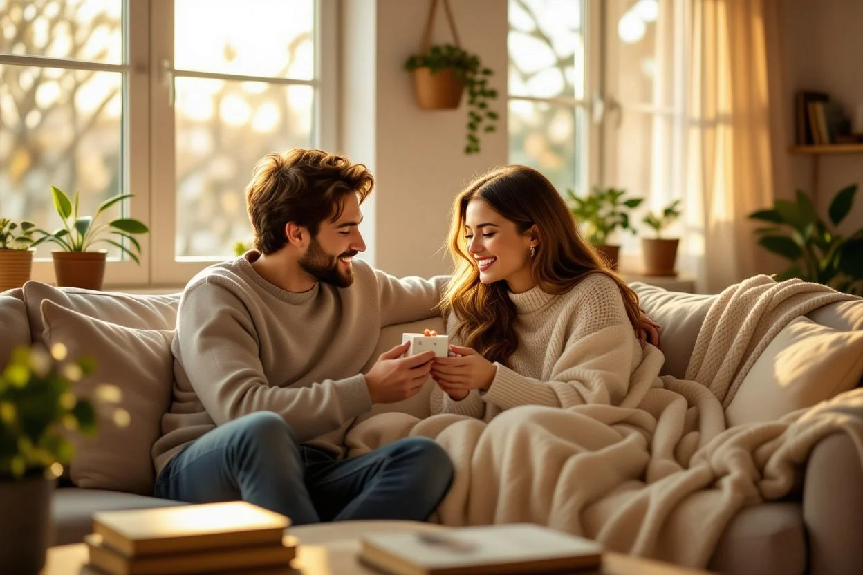 Couple sharing surprise gift moment on cozy sofa in warm living room - everyday romantic gestures