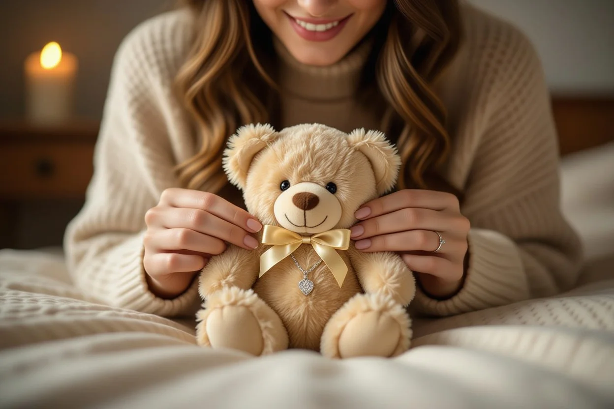Woman discovering hidden necklace surprise inside teddy bear gift romantic moment