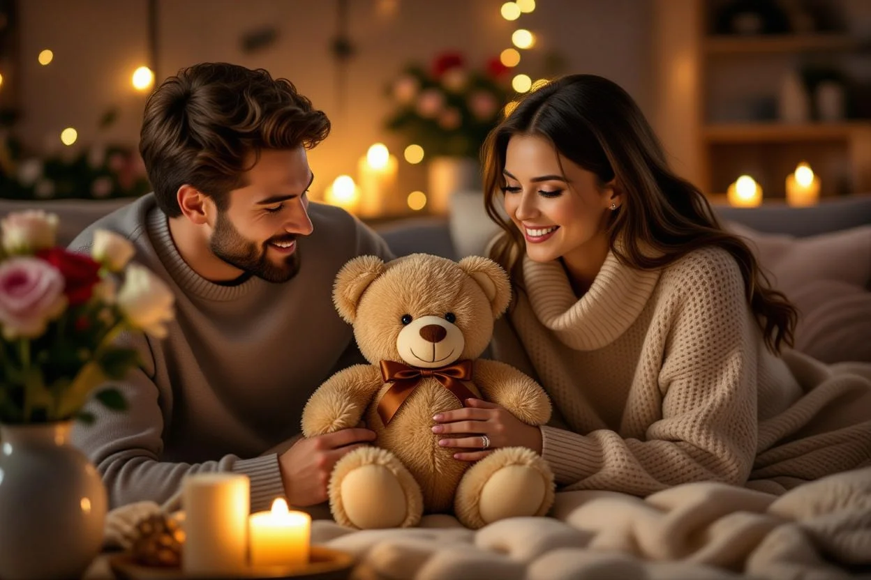 Romantic couple gift giving moment with surprise teddy bear present intimate setting