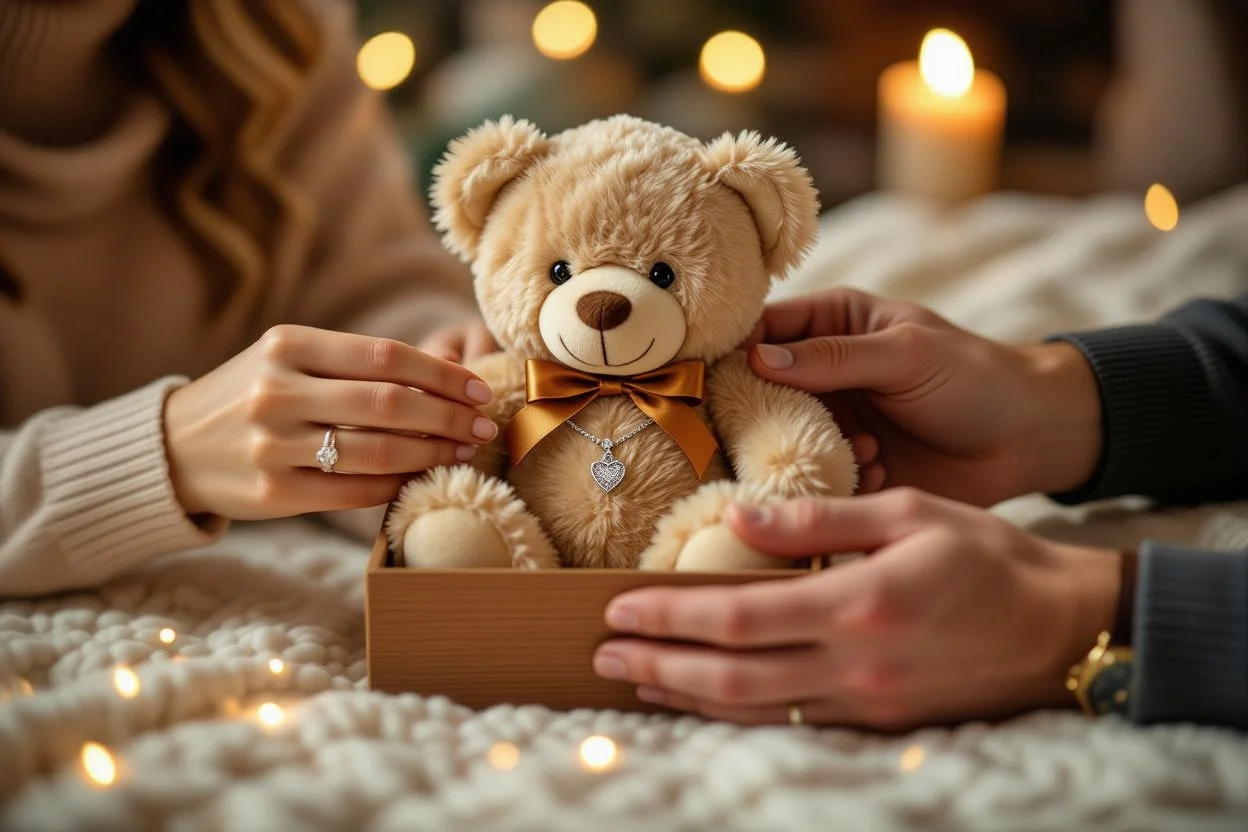 Couple discovering hidden necklace surprise in romantic teddy bear gift