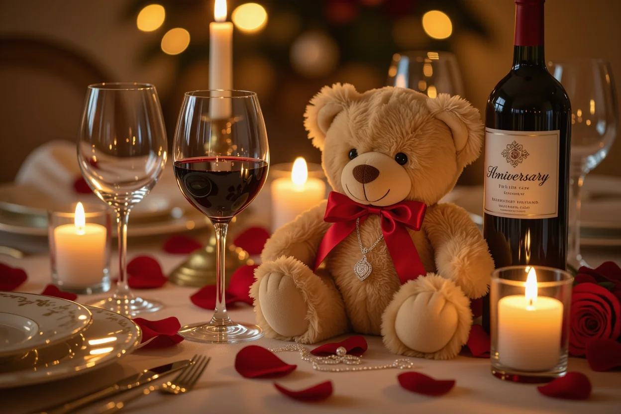 Romantic anniversary dinner table setting with teddy bear and hidden necklace gift