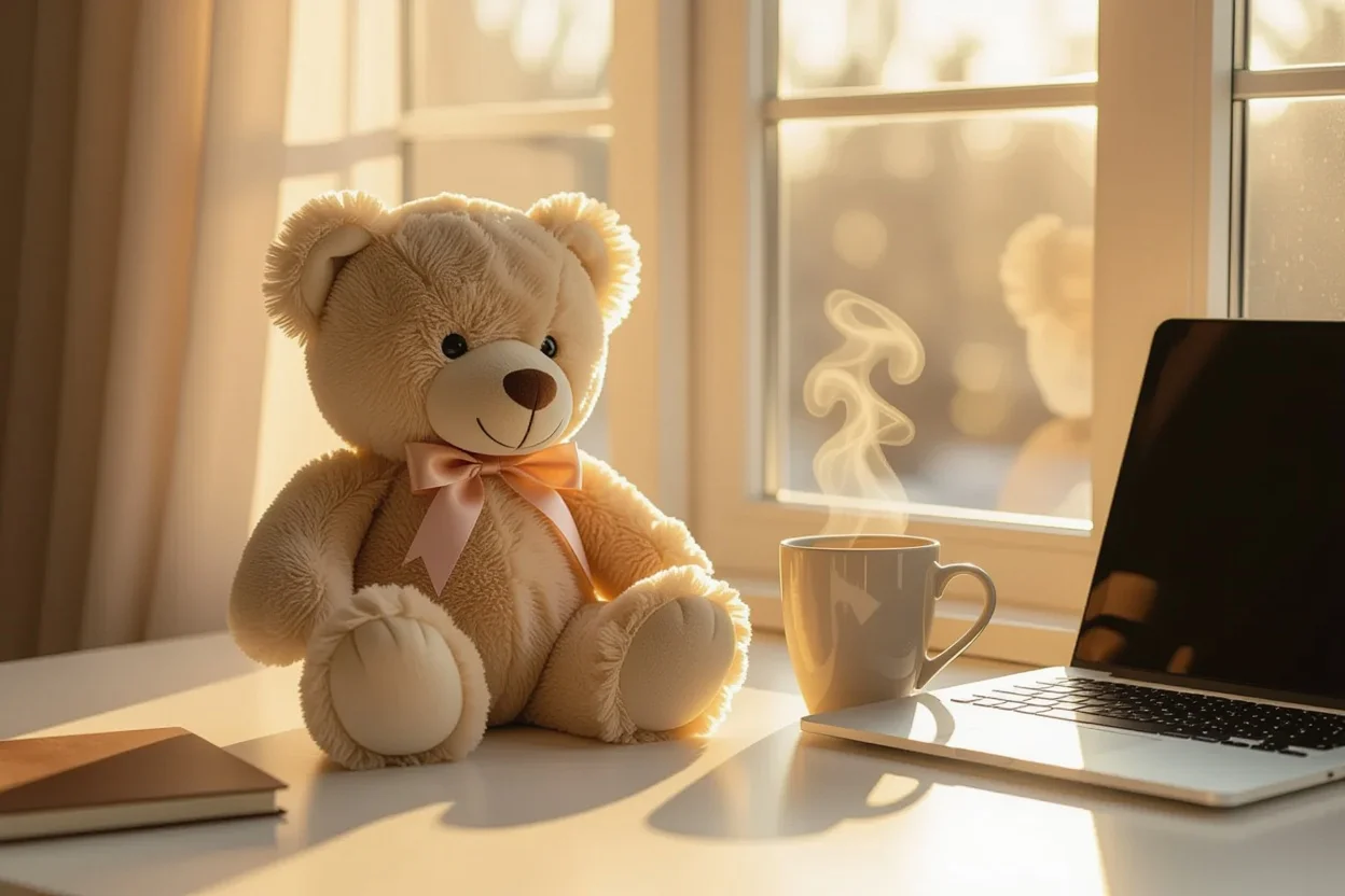 Modern metallic teddy bear gift on desk in morning sunlight - romantic daily surprise