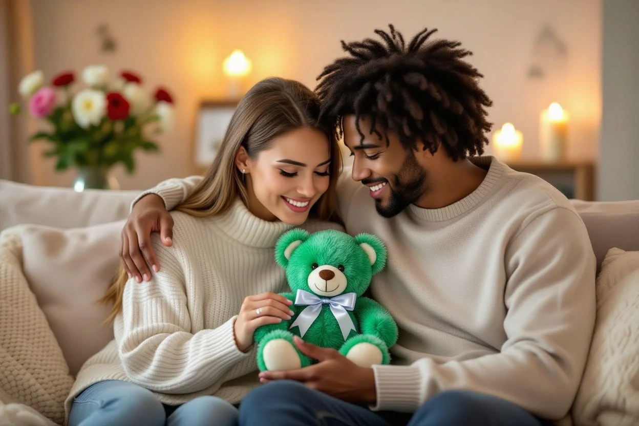 Couple enjoying romantic teddy bear gift moment - thoughtful relationship surprise