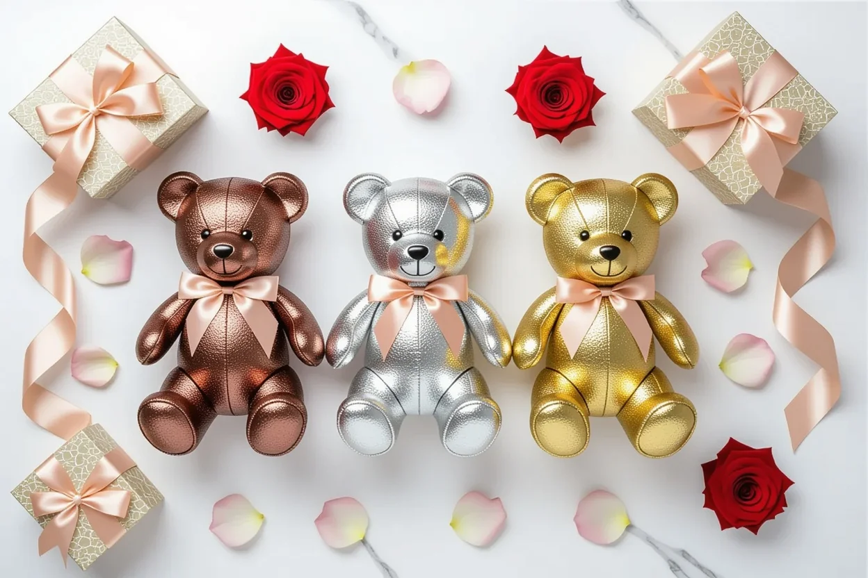 Luxury teddy bear gifts with preserved roses - romantic gift collection flat lay