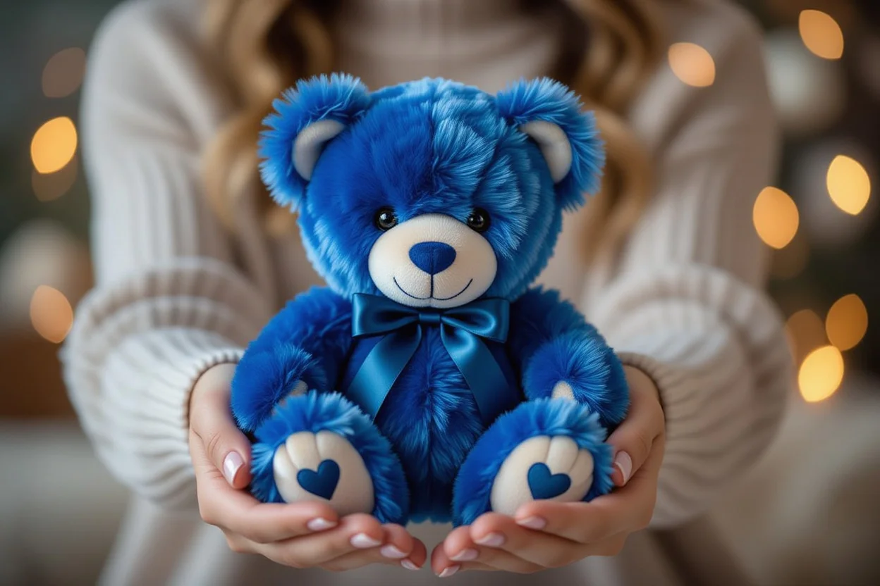 Hands holding modern iridescent teddy bear gift - romantic gesture close-up
