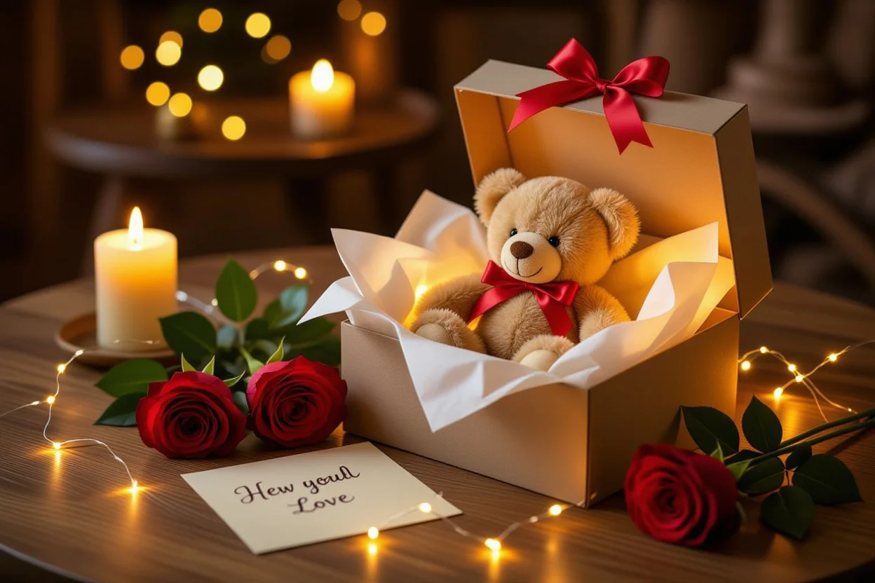 Romantic gift presentation with teddy bear surprise for special occasions